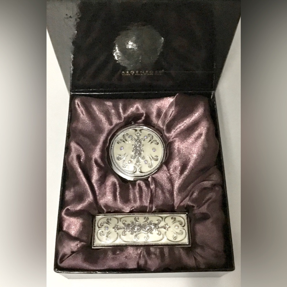 NIB Argento SC Compact Mirror & Lipstick Case with Swarovski Crystals